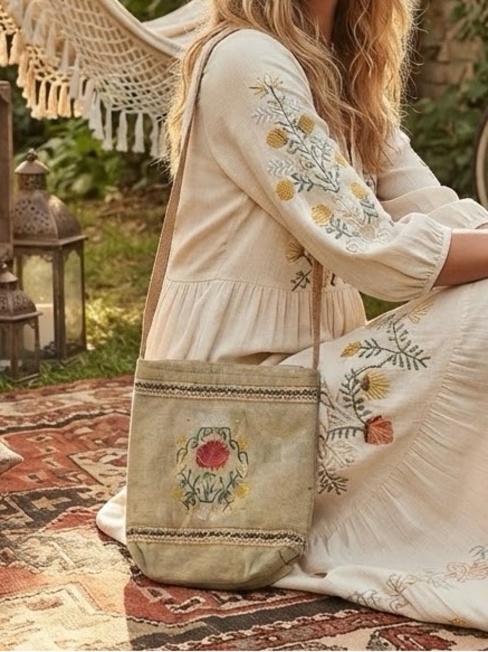 DUNYA Embroidered Floral Crossbody Bag Tan Boho Indie Shoulder Purse Vintage